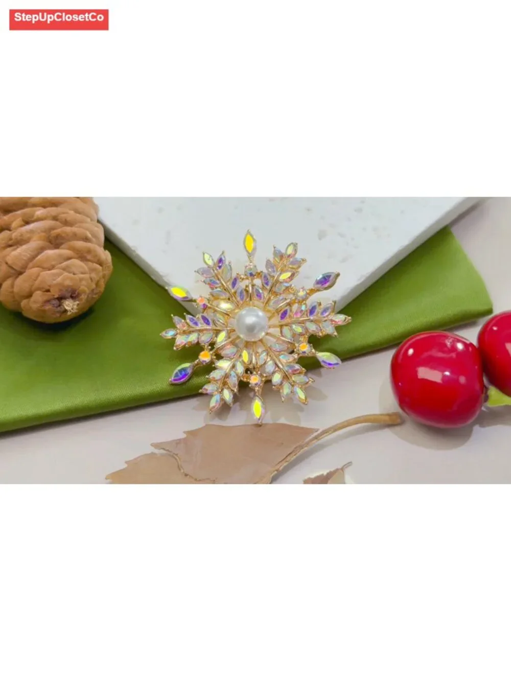Iridescent Crystal Snowflake Flower Brooch Pin Convertible Pendant Gold-Tone